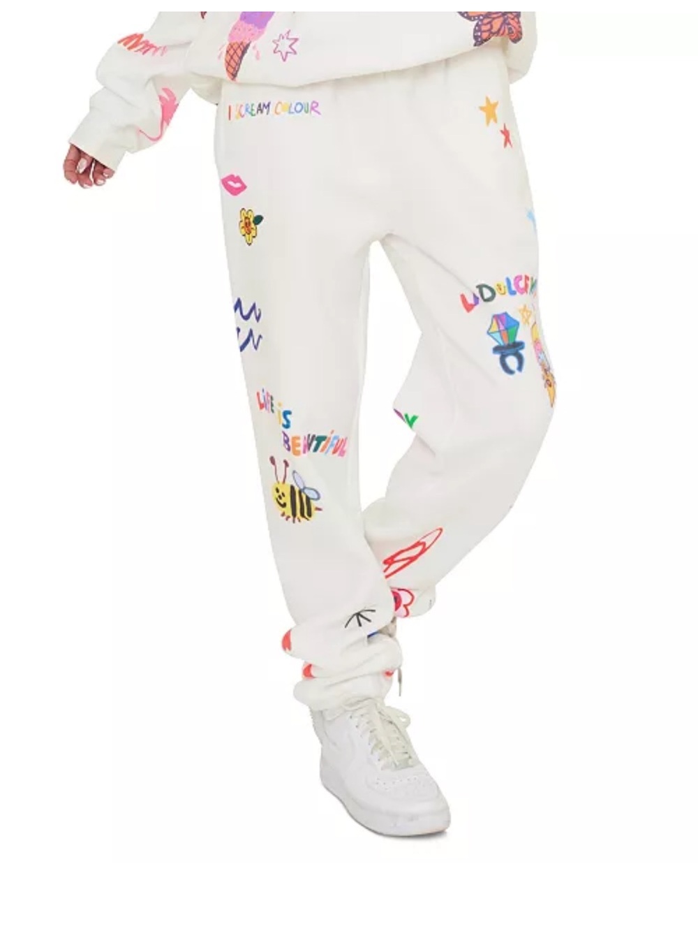 White Graphic Jogger Sweatpants with Multicolor Doodles